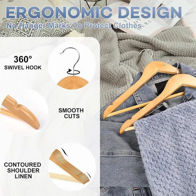 Alt view image 4 of 6 - Wooden Hangers 30 Pack, Heavy Duty Wood Hangers for Coats, Suits, Jackets, Closet & Pants Durable Premium Wood Hangers with 360-Degree Rotatable Hook and Notches, Natural