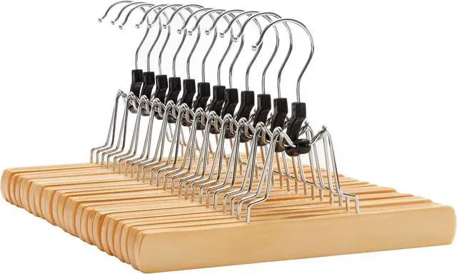 Main image of SONGMICS 12 Pack Wooden Pants Hangers, Premium Solid Wood with Non-Slip Felt, Hold Pants Tightly, Smooth Finish Wood Skirt Hangers, with 360° Swivel Hook, Natural UCRW007-12