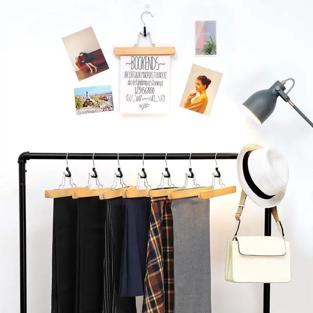 Alt view image 2 of 7 - SONGMICS 12 Pack Wooden Pants Hangers, Premium Solid Wood with Non-Slip Felt, Hold Pants Tightly, Smooth Finish Wood Skirt Hangers, with 360° Swivel Hook, Natural UCRW007-12