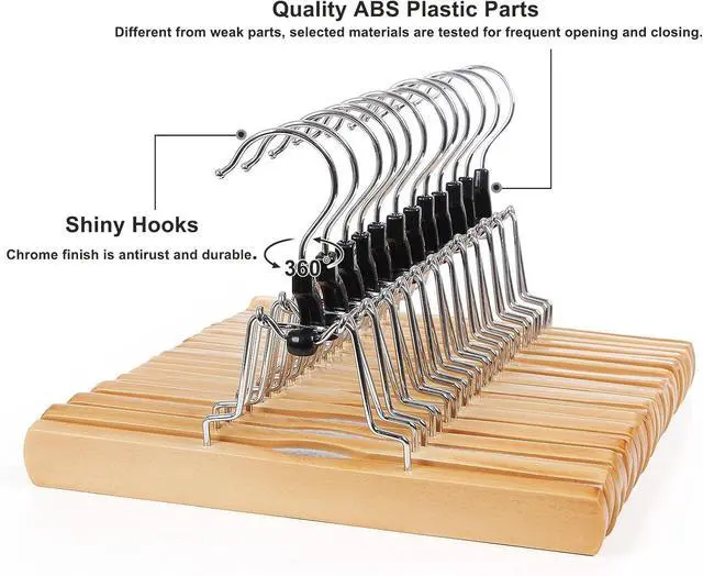 Alt view image 3 of 7 - SONGMICS 12 Pack Wooden Pants Hangers, Premium Solid Wood with Non-Slip Felt, Hold Pants Tightly, Smooth Finish Wood Skirt Hangers, with 360° Swivel Hook, Natural UCRW007-12
