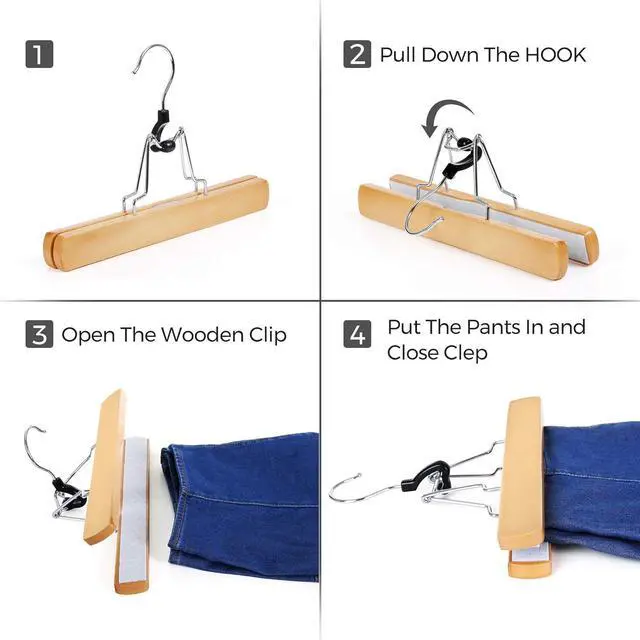 Alt view image 5 of 7 - SONGMICS 12 Pack Wooden Pants Hangers, Premium Solid Wood with Non-Slip Felt, Hold Pants Tightly, Smooth Finish Wood Skirt Hangers, with 360° Swivel Hook, Natural UCRW007-12