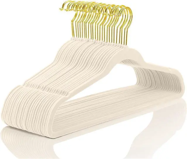 Main image of MIZGI Premium Velvet Hangers Pack 60 Pcs Heavyduty - Non Slip Slimline - Velvet Suit Hanger Ivory - Gold Hooks,Space Saving Clothes Hanger