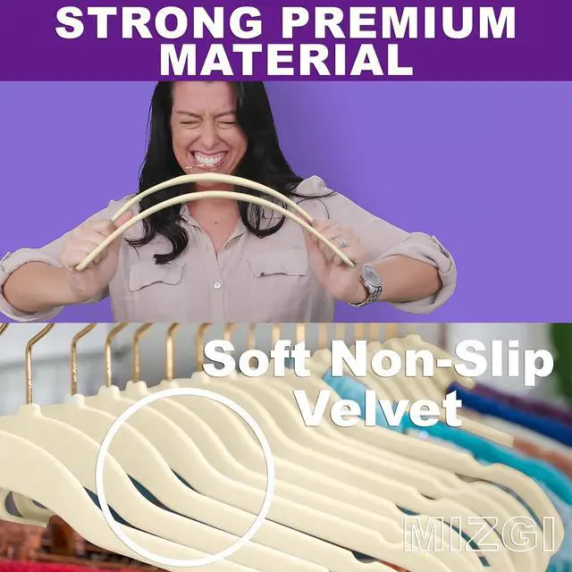 Alt view image 2 of 7 - MIZGI Premium Velvet Hangers Pack 60 Pcs Heavyduty - Non Slip Slimline - Velvet Suit Hanger Ivory - Gold Hooks,Space Saving Clothes Hanger
