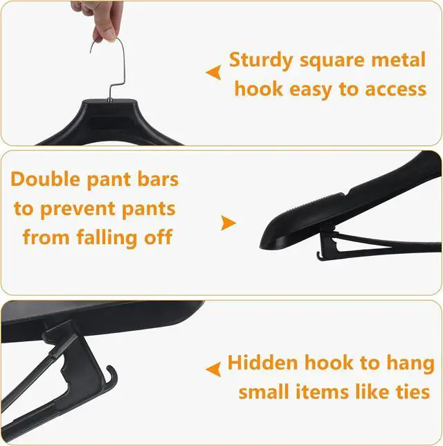 Alt view image 3 of 7 - Plastic Extra Wide Suit Hangers, Pack of 15, Width: 17.7",Notched Shoulders & Metal Hooks, Black