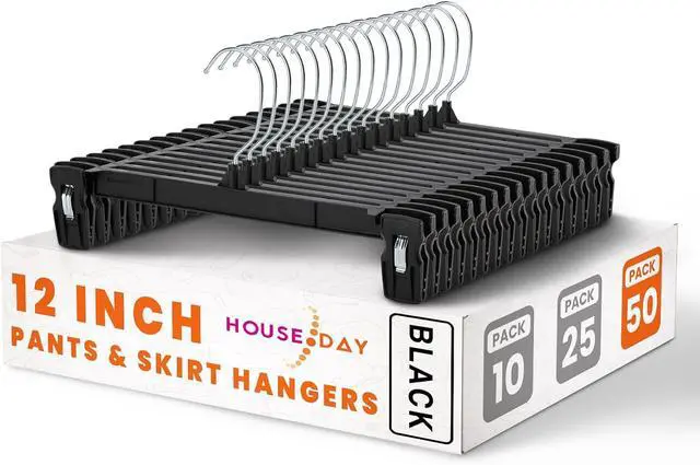 Main image of HOUSE DAY Black Pants Hangers 50 Pack, 12 Inch Skirt Hangers with Non-Slip Big Clips and 360° Swivel Hook, Heavy Duty Slim Plastic Pant Hanger, Space Saving Clip Hanger for Pants, Skirts, Shorts