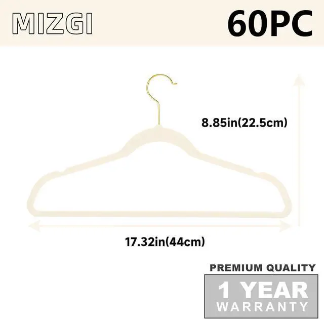 Alt view image 6 of 7 - MIZGI Premium Velvet Hangers Pack 60 Pcs Heavyduty - Non Slip Slimline - Velvet Suit Hanger Ivory - Gold Hooks,Space Saving Clothes Hanger