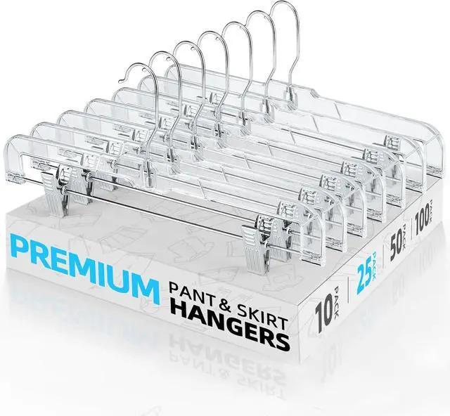 Main image of HOUSE DAY Clear Pants Hangers with Clips 25 Pack, Non-Slip Skirt Hangers for Women, Upgraded Heavy Duty Plastic Clip Hanger for Pants, Trousers, Jeans, 14" Short Hanger, 360-Rotating Swivel Hook