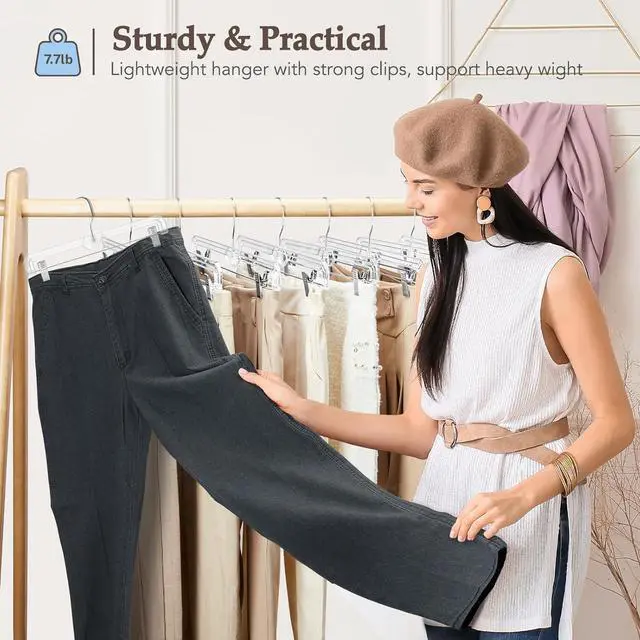Alt view image 2 of 7 - HOUSE DAY Clear Pants Hangers with Clips 25 Pack, Non-Slip Skirt Hangers for Women, Upgraded Heavy Duty Plastic Clip Hanger for Pants, Trousers, Jeans, 14" Short Hanger, 360-Rotating Swivel Hook