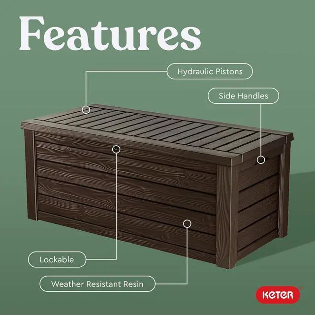 Alt view image 3 of 7 - Keter Outdoor Storage Deck Box, 150 Gallon Resin Patio Bin & Bench, Wood Grain, Brown