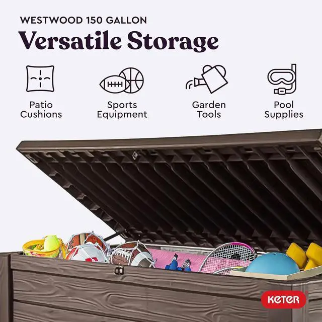Alt view image 4 of 7 - Keter Outdoor Storage Deck Box, 150 Gallon Resin Patio Bin & Bench, Wood Grain, Brown