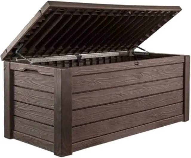 Main image of Keter Outdoor Storage Deck Box, 150 Gallon Resin Patio Bin & Bench, Wood Grain, Brown
