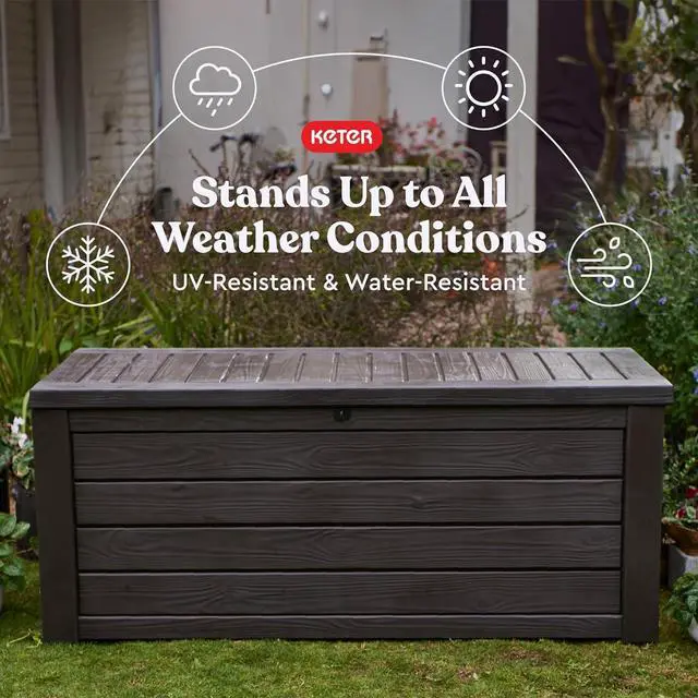 Alt view image 5 of 7 - Keter Outdoor Storage Deck Box, 150 Gallon Resin Patio Bin & Bench, Wood Grain, Brown