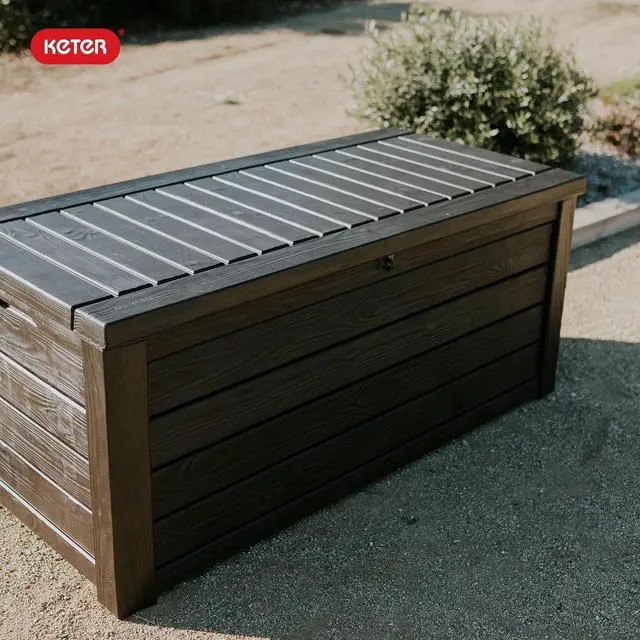 Alt view image 6 of 7 - Keter Outdoor Storage Deck Box, 150 Gallon Resin Patio Bin & Bench, Wood Grain, Brown