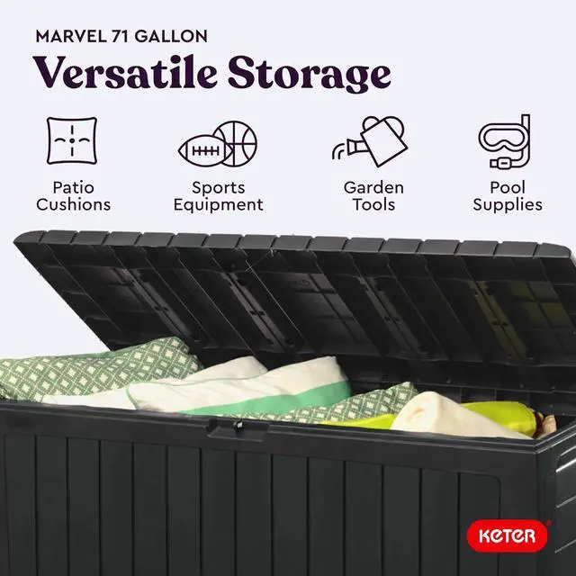 Alt view image 4 of 7 - Keter Marvel Plus 71 Gallon Resin Deck Box-Organization and Storage for Patio Furniture Outdoor Cushions, Throw Pillows, Garden Tools and Pool Toys, Dark Grey