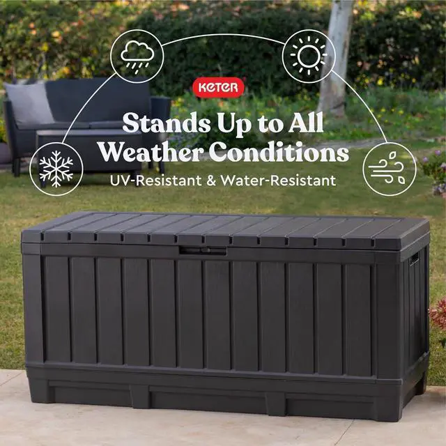 Alt view image 5 of 7 - Keter Kentwood 92 Gallon Resin Deck Box-Organization and Storage for Patio Furniture Outdoor Cushions, Throw Pillows, Garden Tools and Pool Floats, Dark Grey