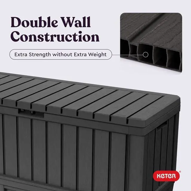 Alt view image 6 of 7 - Keter Kentwood 92 Gallon Resin Deck Box-Organization and Storage for Patio Furniture Outdoor Cushions, Throw Pillows, Garden Tools and Pool Floats, Dark Grey