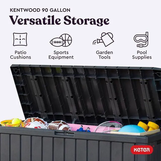 Alt view image 4 of 7 - Keter Kentwood 92 Gallon Resin Deck Box-Organization and Storage for Patio Furniture Outdoor Cushions, Throw Pillows, Garden Tools and Pool Floats, Dark Grey