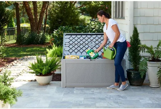 Alt view image 2 of 7 - Rubbermaid Extra Large Resin Outdoor Storage Deck Box (134 Gal), Weather Resistant, Gray, Deck Organization for Home/Backyard/Pool Chemicals/Toys/Garden Tools/Porch/Patio Cushions