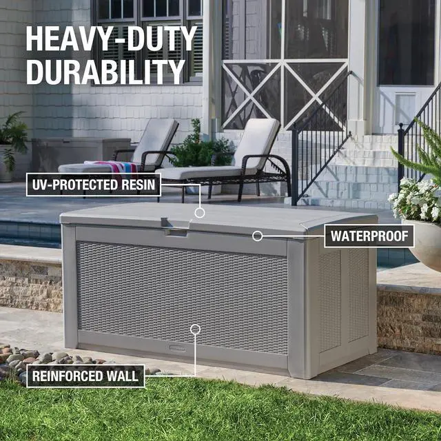 Alt view image 3 of 7 - Rubbermaid Extra Large Resin Outdoor Storage Deck Box (134 Gal), Weather Resistant, Gray, Deck Organization for Home/Backyard/Pool Chemicals/Toys/Garden Tools/Porch/Patio Cushions