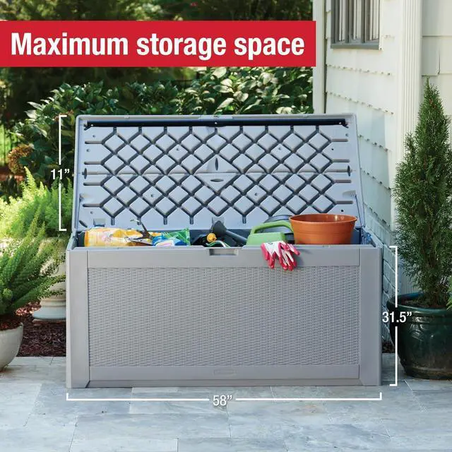 Alt view image 5 of 7 - Rubbermaid Extra Large Resin Outdoor Storage Deck Box (134 Gal), Weather Resistant, Gray, Deck Organization for Home/Backyard/Pool Chemicals/Toys/Garden Tools/Porch/Patio Cushions