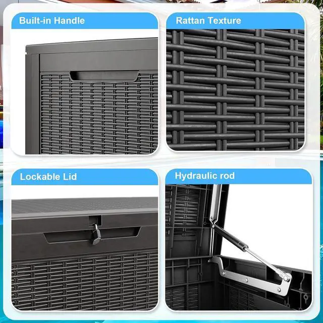 Alt view image 5 of 7 - 100 Gallon Waterproof Outdoor Storage Box,Resin Deck Box,Lockable Outside Storage Box Container for Patio Furniure,Garden,Tools (100 Gallon,Black)