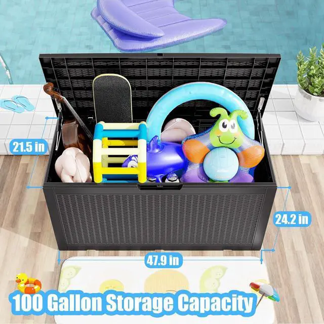 Alt view image 2 of 7 - 100 Gallon Waterproof Outdoor Storage Box,Resin Deck Box,Lockable Outside Storage Box Container for Patio Furniure,Garden,Tools (100 Gallon,Black)