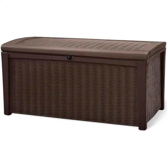 Main image of Keter Outdoor Storage Deck Box, for Patio, Backyard & Garden, Borneo, 110 Gallon, Brown - Lockable, Organizing, and Waterproof Plastic Container Bench