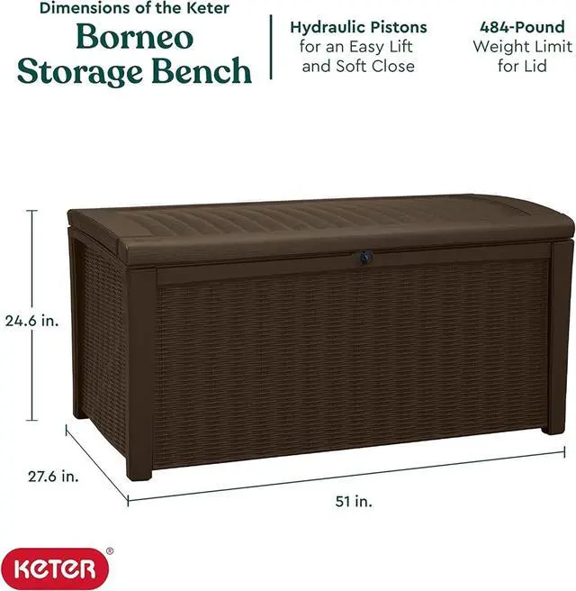 Alt view image 2 of 7 - Keter Outdoor Storage Deck Box, for Patio, Backyard & Garden, Borneo, 110 Gallon, Brown - Lockable, Organizing, and Waterproof Plastic Container Bench