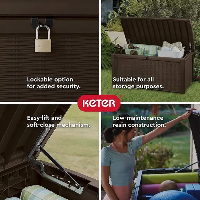 Alt view image 3 of 7 - Keter Outdoor Storage Deck Box, for Patio, Backyard & Garden, Borneo, 110 Gallon, Brown - Lockable, Organizing, and Waterproof Plastic Container Bench