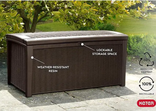 Alt view image 6 of 7 - Keter Outdoor Storage Deck Box, for Patio, Backyard & Garden, Borneo, 110 Gallon, Brown - Lockable, Organizing, and Waterproof Plastic Container Bench