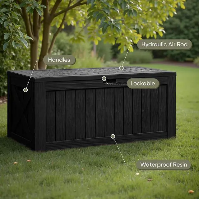 Alt view image 2 of 7 - Flamaker Resin Deck Box 120 Gallon Waterproof Large Outdoor Indoor Storage Box Imitation Wood Resin for Patio Furniture Garden Tools and Pool (Black)