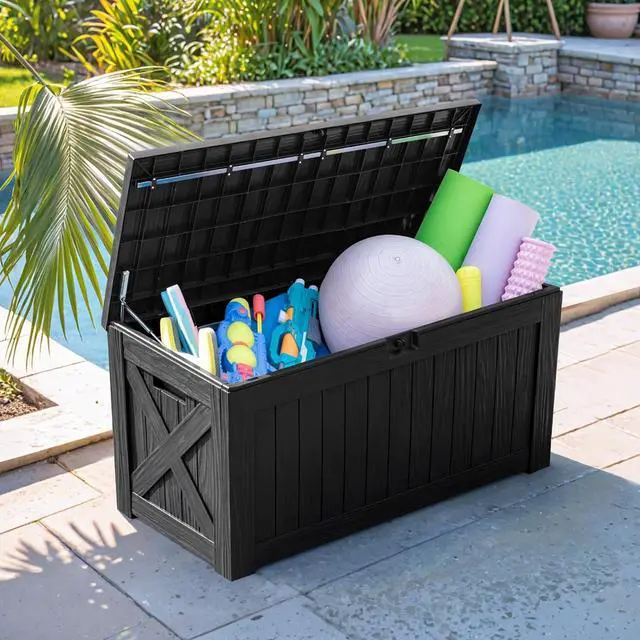 Alt view image 3 of 7 - Flamaker Resin Deck Box 120 Gallon Waterproof Large Outdoor Indoor Storage Box Imitation Wood Resin for Patio Furniture Garden Tools and Pool (Black)