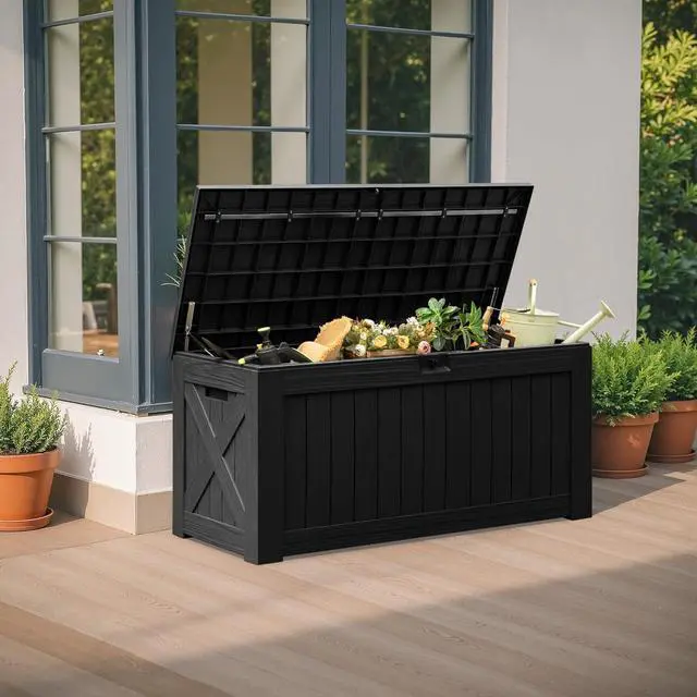 Alt view image 7 of 7 - Flamaker Resin Deck Box 120 Gallon Waterproof Large Outdoor Indoor Storage Box Imitation Wood Resin for Patio Furniture Garden Tools and Pool (Black)