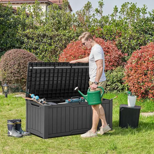 Alt view image 3 of 7 - YITAHOME 120 Gallon Outdoor Storage Deck Box, Large Resin Patio Storage for Outdoor Pillows, Garden Tools and Pool Supplies, Waterproof, Lockable, (Dark Grey)