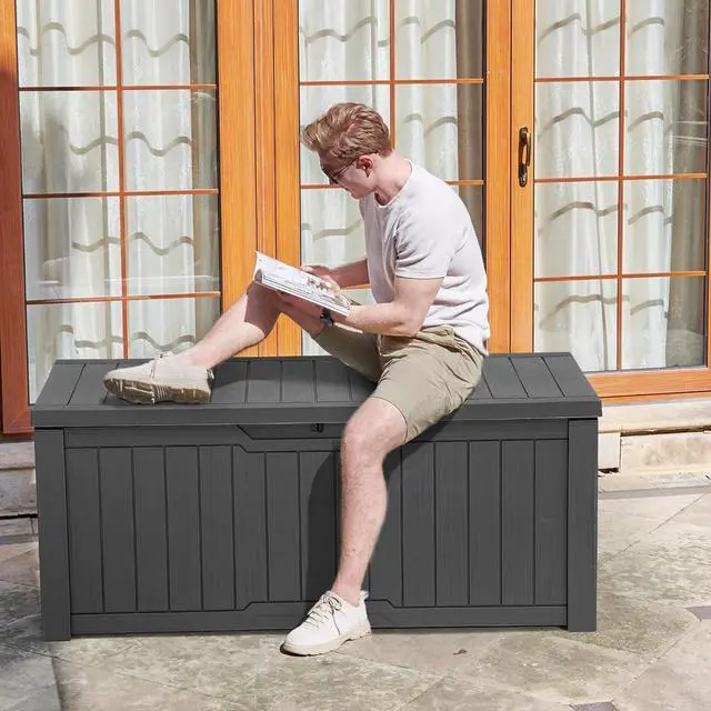 Alt view image 4 of 7 - YITAHOME 120 Gallon Outdoor Storage Deck Box, Large Resin Patio Storage for Outdoor Pillows, Garden Tools and Pool Supplies, Waterproof, Lockable, (Dark Grey)