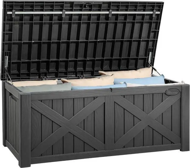 Main image of YITAHOME 120 Gallon Large Deck Box with X-Shaped Front, Resin Outdoor Storage Boxes, Waterproof Cushion Storage Bench for Patio, Pool Supplies, Garden Tools - Lockable, Dark Gray