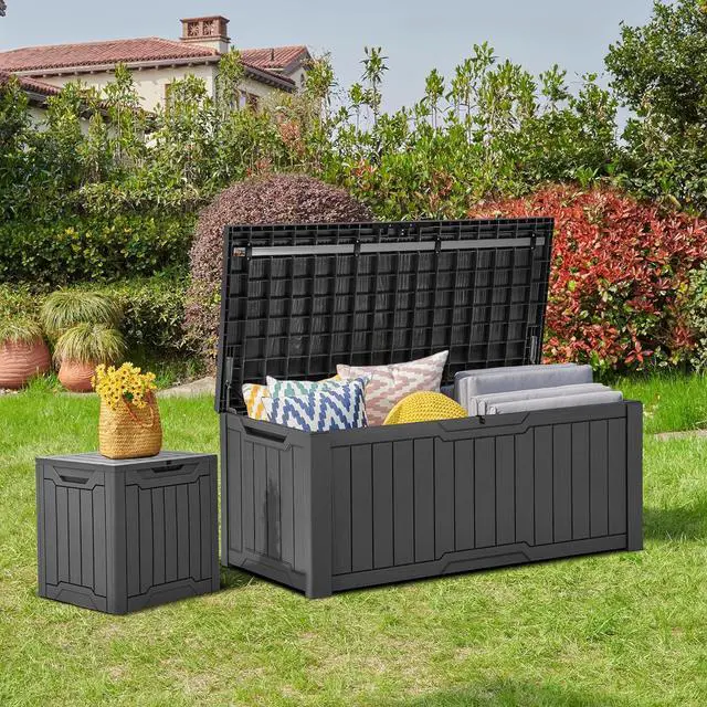 Alt view image 5 of 7 - YITAHOME 120 Gallon Outdoor Storage Deck Box, Large Resin Patio Storage for Outdoor Pillows, Garden Tools and Pool Supplies, Waterproof, Lockable, (Dark Grey)
