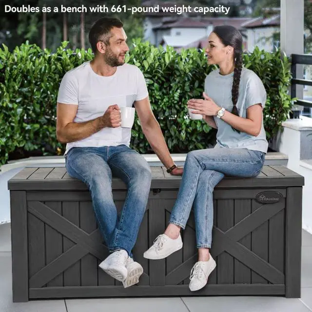 Alt view image 2 of 6 - YITAHOME 120 Gallon Large Deck Box with X-Shaped Front, Resin Outdoor Storage Boxes, Waterproof Cushion Storage Bench for Patio, Pool Supplies, Garden Tools - Lockable, Dark Gray