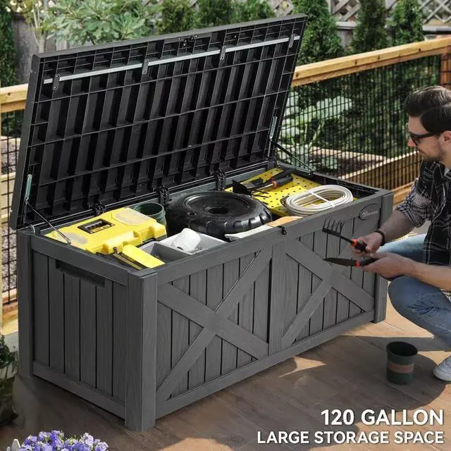 Alt view image 5 of 6 - YITAHOME 120 Gallon Large Deck Box with X-Shaped Front, Resin Outdoor Storage Boxes, Waterproof Cushion Storage Bench for Patio, Pool Supplies, Garden Tools - Lockable, Dark Gray