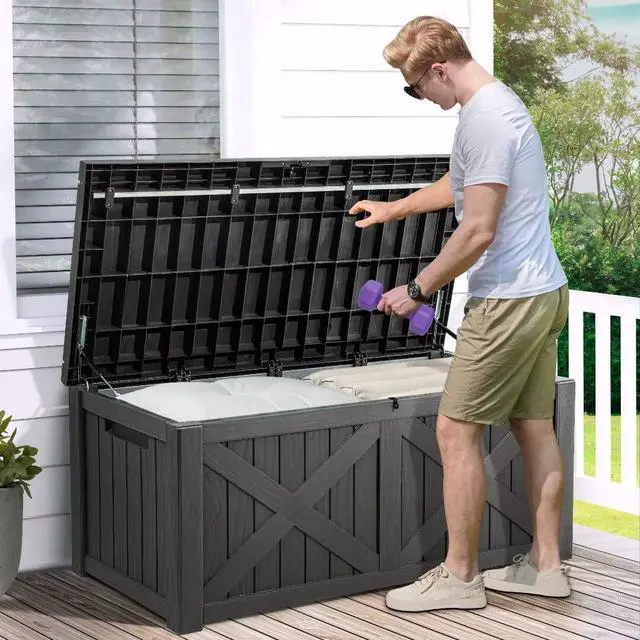 Alt view image 3 of 6 - YITAHOME 120 Gallon Large Deck Box with X-Shaped Front, Resin Outdoor Storage Boxes, Waterproof Cushion Storage Bench for Patio, Pool Supplies, Garden Tools - Lockable, Dark Gray