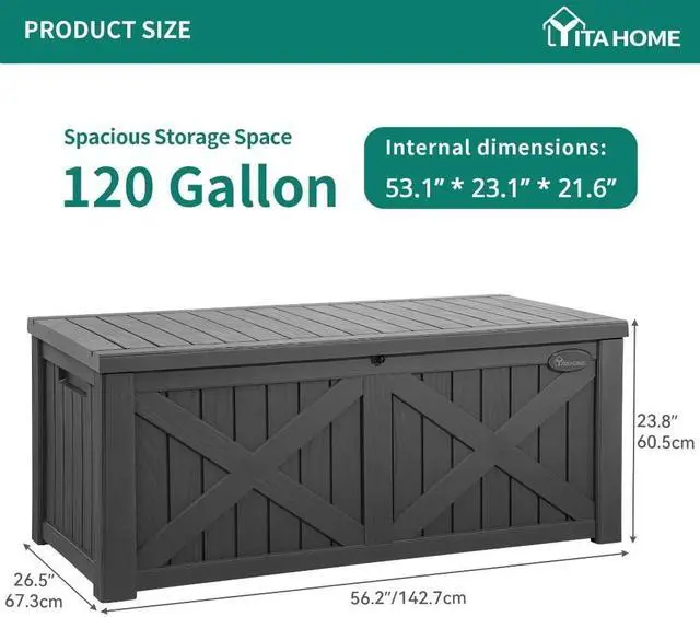 Alt view image 6 of 6 - YITAHOME 120 Gallon Large Deck Box with X-Shaped Front, Resin Outdoor Storage Boxes, Waterproof Cushion Storage Bench for Patio, Pool Supplies, Garden Tools - Lockable, Dark Gray