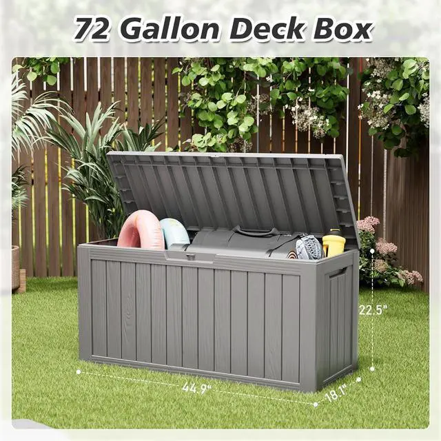 Alt view image 4 of 5 - KAMABOKO Deck Box, 72 Gallon Resin Indoor and Outdoor Storage Boxes Waterproof for Garden Tools, Pool Accessories Storage Bench, Patio Furniture and Cushions with Lockable Lid, Grey