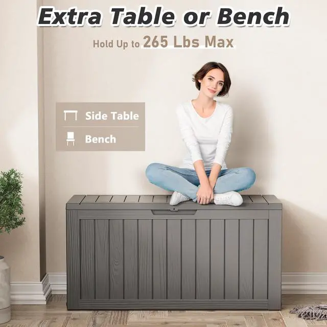 Alt view image 5 of 5 - KAMABOKO Deck Box, 72 Gallon Resin Indoor and Outdoor Storage Boxes Waterproof for Garden Tools, Pool Accessories Storage Bench, Patio Furniture and Cushions with Lockable Lid, Grey