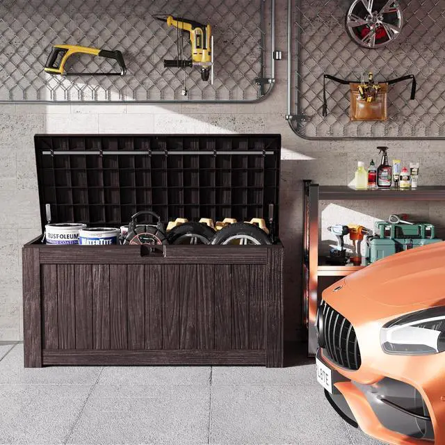 Alt view image 3 of 7 - Greesum 120 Gallon Outdoor Storage Box with Lock - Large Resin Deck Box, Reinforced Lid for Garden, Patio, Lawn, Brown