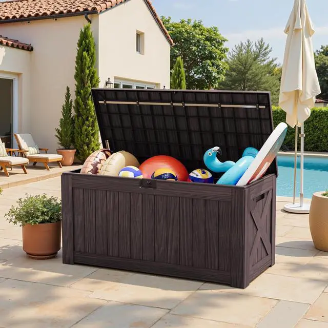 Alt view image 2 of 7 - Greesum 120 Gallon Outdoor Storage Box with Lock - Large Resin Deck Box, Reinforced Lid for Garden, Patio, Lawn, Brown