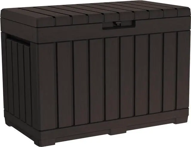 Main image of Keter Kentwood 50 Gallon Resin Deck Box-Organization and Storage for Patio Cushions, Throw Pillows and Garden Tools, Brown
