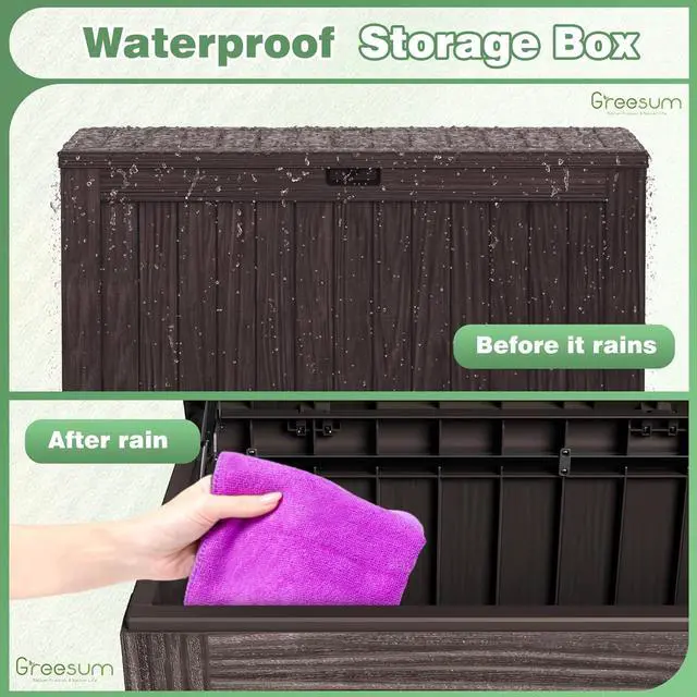 Alt view image 7 of 7 - Greesum 120 Gallon Outdoor Storage Box with Lock - Large Resin Deck Box, Reinforced Lid for Garden, Patio, Lawn, Brown