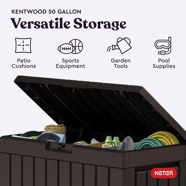 Alt view image 4 of 7 - Keter Kentwood 50 Gallon Resin Deck Box-Organization and Storage for Patio Cushions, Throw Pillows and Garden Tools, Brown