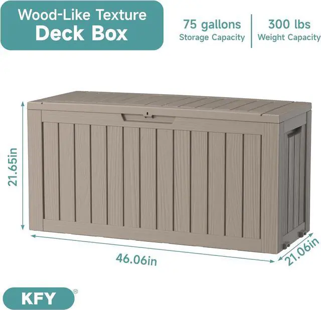 Alt view image 2 of 6 - 75 Gallon Waterproof Resin Deck Box, UV Resistant Outdoor Storage for Garden, Patio, Porch, Delivery, Grey