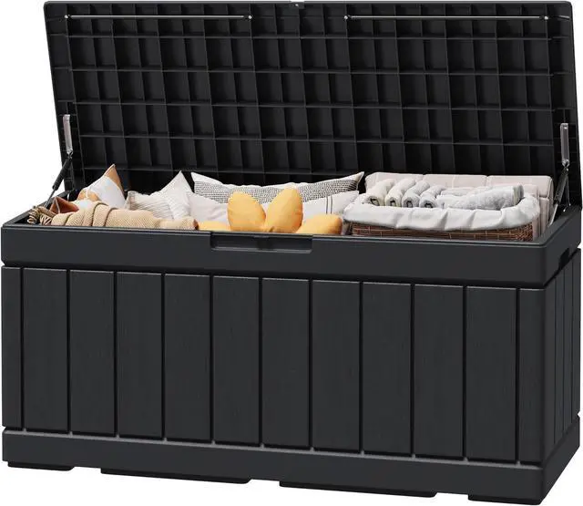 Main image of Greesum 82 Gallon Resin Deck Box Large Outdoor Storage for Patio Furniture, Garden Tools, Pool Supplies, Weatherproof and UV Resistant, Lockable, Black